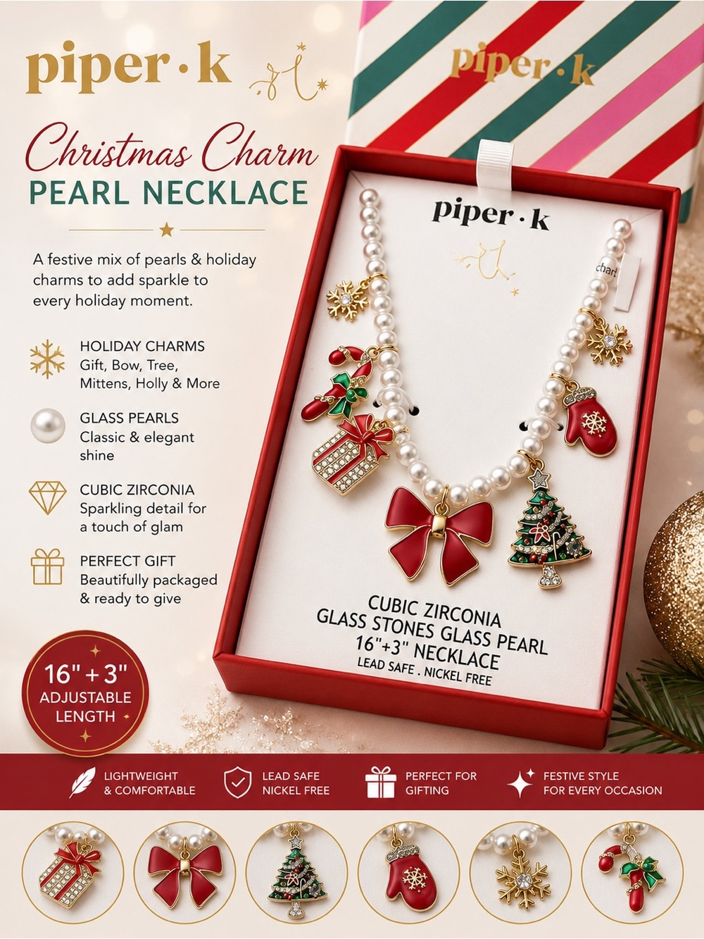 Piper Red and White Holiday Charm Pearl Necklace